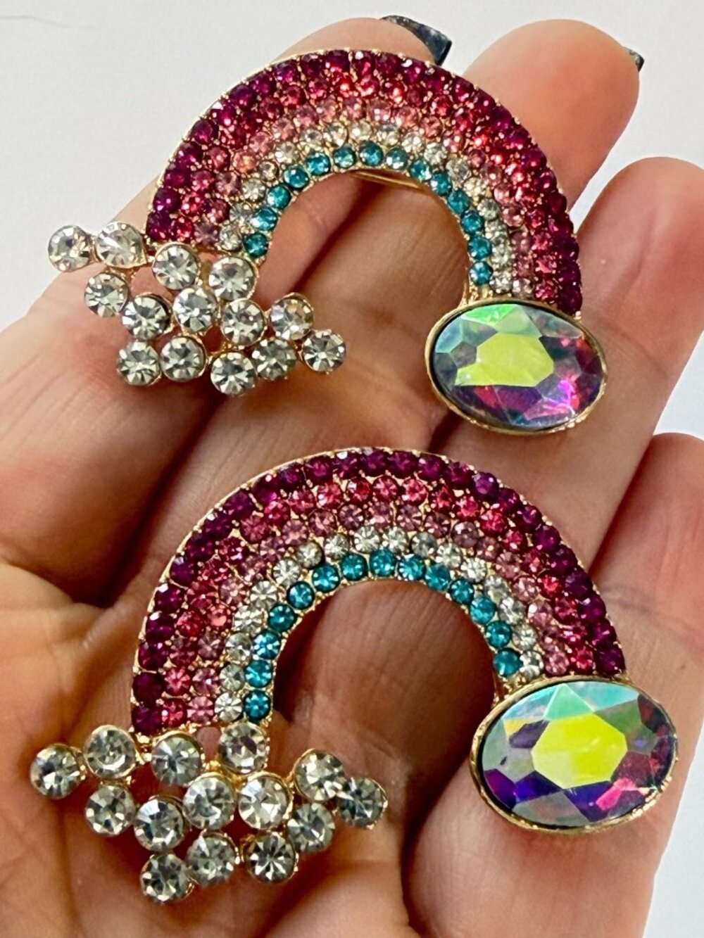 Rainbow Rhinestone Cloud Brooch Set Colorful Crystal Pins Pair